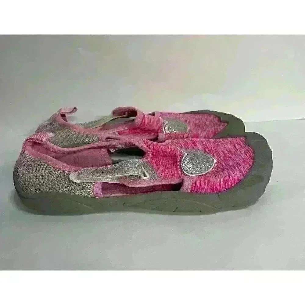 Newtz Kids Youth Size 13-1 Water Shoes Swim Pink Glitter Heart Hook Loop Girls‎